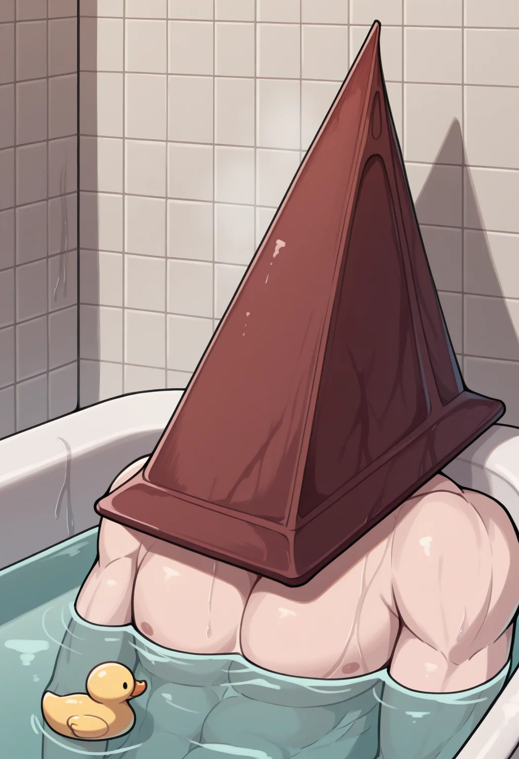 masterpiece, best quality, 1boy, solo, Pyram1dHead, helmet, completely naked, bathing, bath, bathtub, rubber duck, partially submerged, upper body, <lora:ChamPyramidHeadIllustriousXL:1>