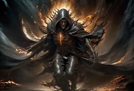 ((masterpiece)), ((best quality)), ((detailed)), Unparalleled, ((Enchanting)), ((Impressive)), Fantasy, Warlock of Shadows, Cloak, Darkness, Concept art, Visual representation, Artwork, Cinematic lighting, Evocative lighting, Mood lighting, Filmic illumination, F/1.8, Wide aperture, Low-light photography