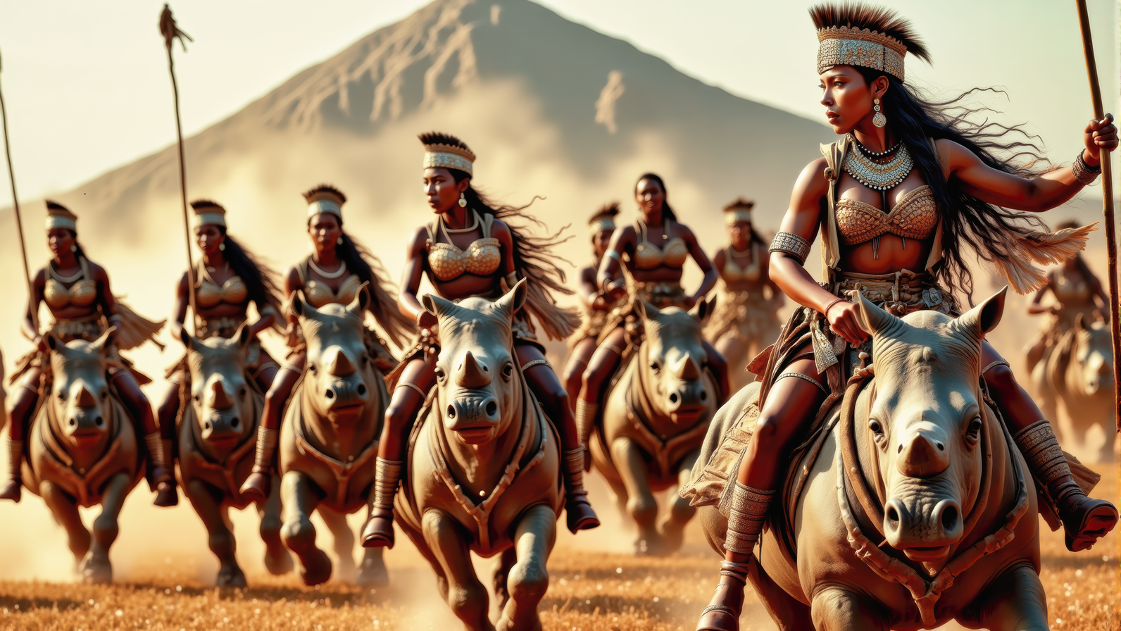 Real photograph of an army of African warrior women,  black skin, Nubian, beautiful, breathtaking,  athletic, (small breasts:1.4),  earrings, necklace, wrist bands,  dangerous, fierce, determined, battle hardened,  mounted atop angry and ferocious rhinoceros,  cavalry charging into battle with lowered spears, shields and spears bearing war decorations,  fierce angry painted faces full of rage, yelling fierce war cries,  African Savannah with mount Kilimanjaro in the background,  intricate details, masterpiece, elegant, complex patterns,  (full body shot from head to toe:1.6),  dramatic and dynamic morning lighting, intense atmosphere,  <BaroqueColorful:0.72>