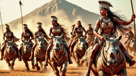 Real photograph of an army of African warrior women, black skin, Nubian, beautiful, breathtaking, athletic, (small breasts:1.4), earrings, necklace, wrist bands, dangerous, fierce, determined, battle hardened, mounted atop angry and ferocious rhinoceros, cavalry charging into battle with lowered spears, shields and spears bearing war decorations, fierce angry painted faces full of rage, yelling fierce war cries, African Savannah with mount Kilimanjaro in the background, intricate details, masterpiece, elegant, complex patterns, (full body shot from head to toe:1.6), dramatic and dynamic morning lighting, intense atmosphere, <BaroqueColorful:0.72>