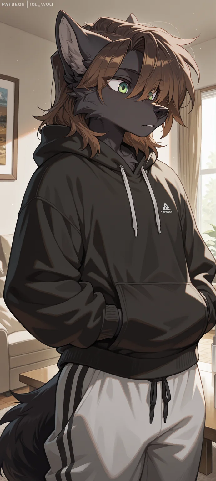 solo, tomboy, masculine, 1boy, furry, wolf, black fur, black body, brown hair, medium hair, eyes visible through hair, green eyes, hoodie, sweatpants, living room, masterpiece, best quality, amazing quality, <lora:E621_Ultimate_Favorites_Mix_Illustrious:1>