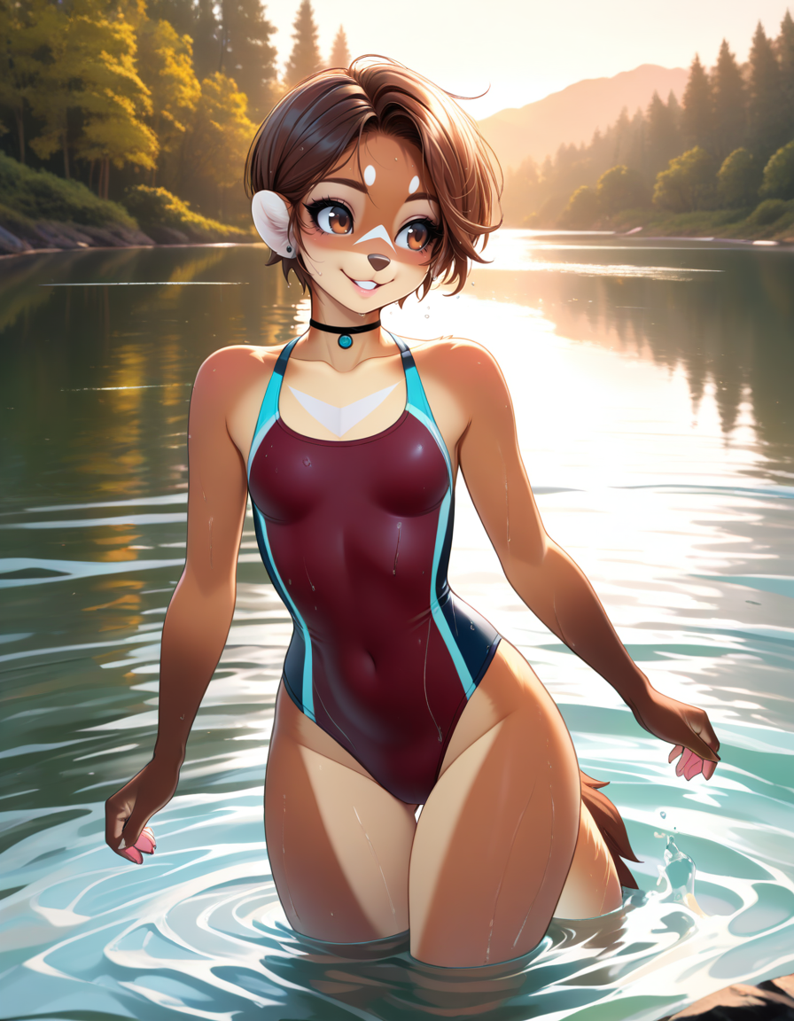 masterpiece, best quality, very aesthetic, absurdres,
outdoors, lake, partially submerged, swimming,
full body, swimsuit,  
smile, parted lips, long eyelashes, 
<lora:Mikhaila_v01_NAIXL:1>
M1k4a11a,1girl,solo,furry,furry female,short hair,brown hair,brown eyes,animal nose,choker,body fur,brown fur, tail,