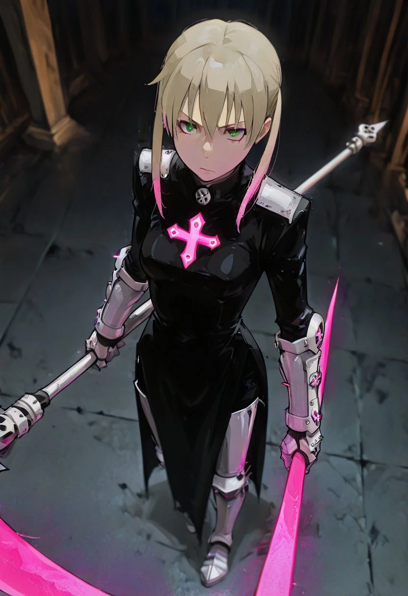 masterpiece, best quality, good quality, very aesthetic, absurdres, newest, 8K, depth of field, focused subject, in the style of cknc, artist:moriimee, in the style of cksc, BREAK, 1girl,maka albarn, green eyes, blonde hair, twintails, \(soul eater\), upturned eyes, 18 year old, silk blonde hair with pink highlights,stunning female sci-fi female angel, bangs, medium perky breasts, templar armour with tabard emblazoned with a crusader cross, armour, greaves, vambraces, holding large glowing scythe sparking with energy, dynamic pose, ruined hell battle background with swirling motes of light, golden hour, directional lighting, viewed from above