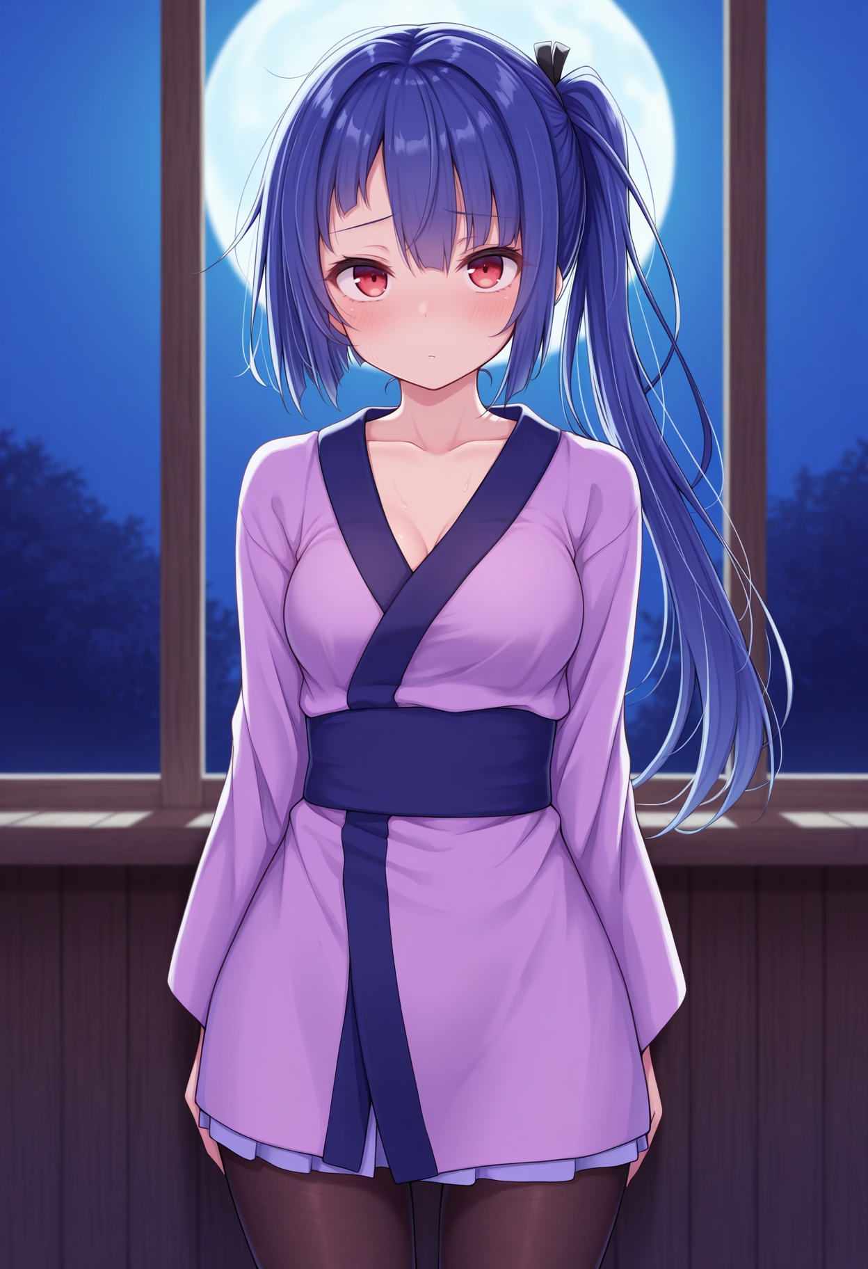 masterpiece, best quality, amazing quality, very aesthetic, high resolution, ultra-detailed, absurdres, <lora:amtsk-il:1> 1girl, amatsuku, kimono, red eyes, solo, cowboy shot, pantyhose