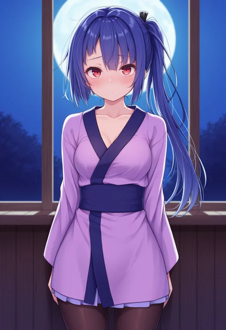 masterpiece, best quality, amazing quality, very aesthetic, high resolution, ultra-detailed, absurdres, <lora:amtsk-il:1> 1girl, amatsuku, kimono, red eyes, solo, cowboy shot, pantyhose