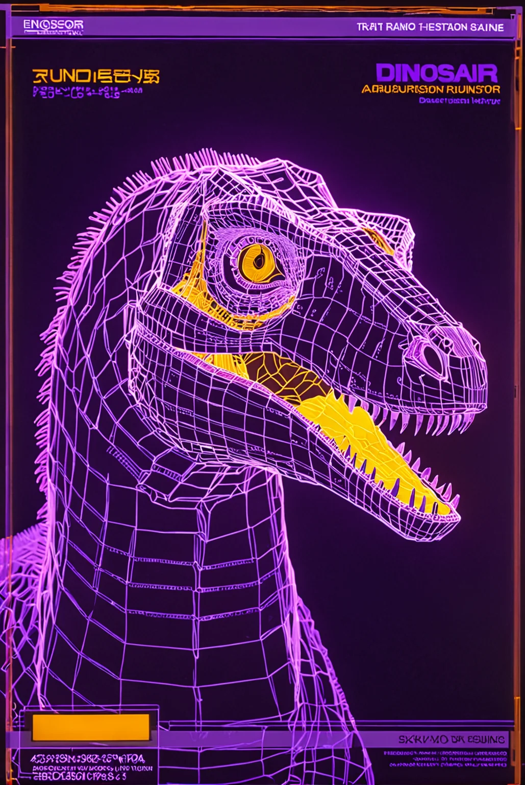 dinosaur,  aqua wireframe of velociraptor, vhs grain, yellow lighting, orange reflections, CRT grain, white noise glitch, purple lineart, portrait, english text, UI display, HUD, detailed scales
[high quality photo, 4k, hd, 7-AnalogueInterfaces, 7-vectors]
<lora:add-detail-xl:0.5> <lora:CRT Vectors v1.0:0.8>