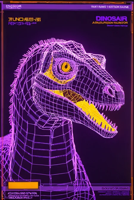 dinosaur,  aqua wireframe of velociraptor, vhs grain, yellow lighting, orange reflections, CRT grain, white noise glitch, purple lineart, portrait, english text, UI display, HUD, detailed scales
[high quality photo, 4k, hd, 7-AnalogueInterfaces, 7-vectors]
<lora:add-detail-xl:0.5> <lora:CRT Vectors v1.0:0.8>