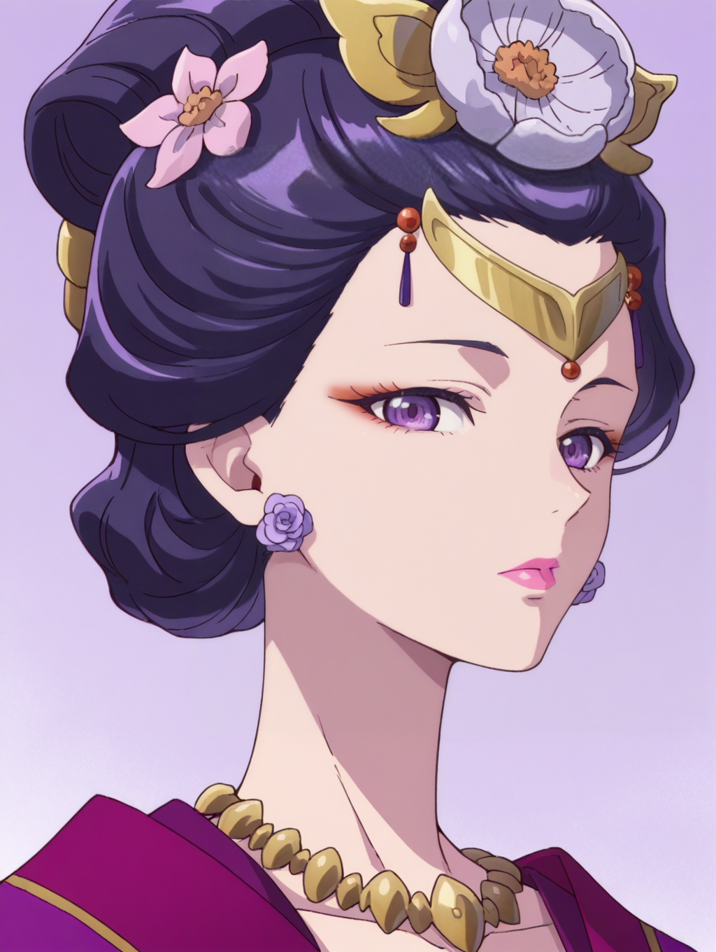 1girl,portrait,
ywanshi,purple hair,hair bun,updo,purple eyes,red eyeshadow,pink lips,flower earrings,forehead jewel,hair ornament,hair flower,necklace,purple hanfu,
looking at viewer, ,<lora:ywanshi_noob:1>