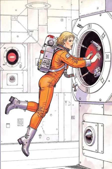 itacomic1 illustration. Overhead sideview of a blonde woman dressed in a orange spacesuit and heavy boots, is carefully re-enacting the iconic scene from 2001: A Space Odyssey where David Bowman deactivates HAL 9000. Floating weightless on one side of a vast empty spacecraft, she methodically removes the components of the HAL 9000 interface, one piece at a time. The setting is tense and sterile, with bright lighting reflecting off the white sterile surfaces, capturing the eerie, unsettling atmosphere of the original scene. The red glow of HAL's eye slowly fades as the scene unfolds, highlighting the dramatic tension between human and machine <lora:itacomic_mima3_fl_d4a2e8:1.0><lora:800889548470216214:0>