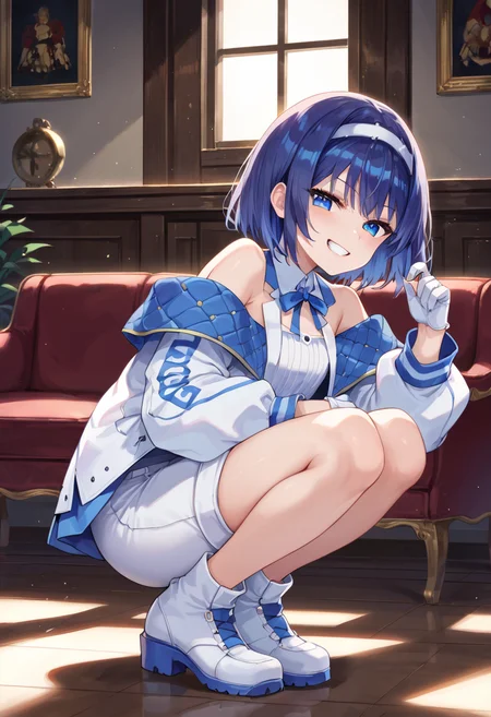score_9, score_8_up, score_7_up, score_6_up, score_5_up, score_4_up, anime source,
<lora:SuzukiTsudumi_PONY_V2:0.9>suzukitsudumi, 1girl, bangs, headband, bow, blue hair,
white dress, long sleeves, short hair, off shoulder, puffy sleeves, shirt, shorts, white shorts, smile, white footwear, white gloves, hood,
smug, smirk, blush, teeth,
from side,, look at viewer,, cowboy shot,,
perfect lighting, side lighting, light leak, nice hands, perfect hand, perfect anatomy,
night club, VIP lounge, rich, sofa, stage, spotlight,
squatting,