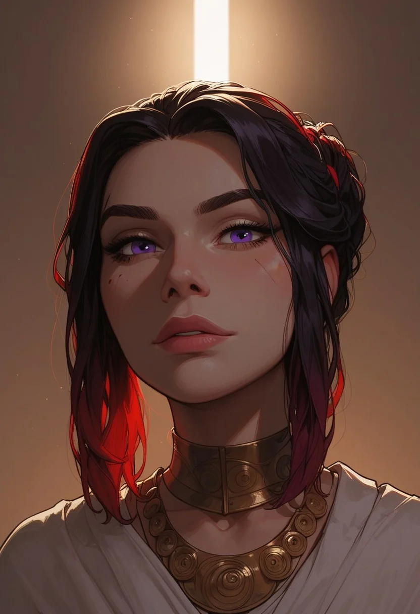 (score_9, score_8_up, score_7_up). ( line work, excellent drawing, highest quality, extremely detailed:1.2). 1woman, milf, Greek Goddess Nemesis, villain, perfect face, beautiful violet eyes, dark hair, bun, dyed red tips, dyed red streaks, long lashes, split eyebrow scar, glossy lips, seductive expression, femdom, dynamic angle, ancient greek dress, g0thicPXL, romantic, cinematic lighting, volumetric lighting, source_cartoon, statuesque,