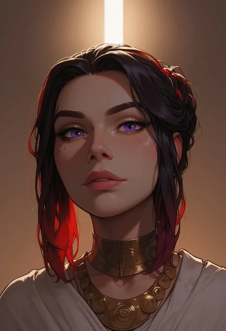 (score_9, score_8_up, score_7_up). ( line work, excellent drawing, highest quality, extremely detailed:1.2). 1woman, milf, Greek Goddess Nemesis, villain, perfect face, beautiful violet eyes, dark hair, bun, dyed red tips, dyed red streaks, long lashes, split eyebrow scar, glossy lips, seductive expression, femdom, dynamic angle, ancient greek dress, g0thicPXL, romantic, cinematic lighting, volumetric lighting, source_cartoon, statuesque,