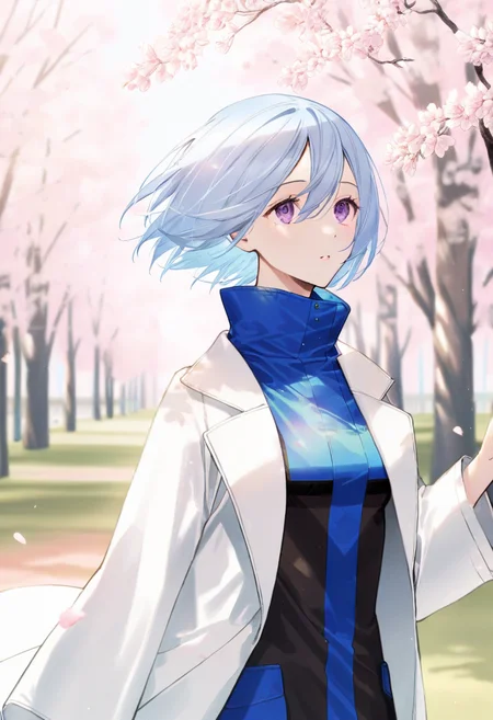 artist:gomzi,artist:wanke,artist:diyokama, rei_(sanbonzakura),[[artist:fuzichoco]],year 2024, park, 1girl, solo,
jillian littner, blue hair, purple eyes, short hair, white coat, two-tone jacket, blue jacket, white pants,
upper body,
<lora:ntmf_majorcharacters.ilxl.v02:1>