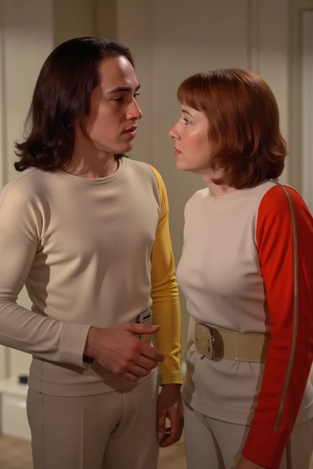 a young handsome man with black longer hair wearing beige s1999unf with right yellow sleeve telling a joke to older woman with red hair wearing beige s1999unf with right red sleeve. in a <lora:S1999_FLUX><lora:aidmaMJ6.1-FLUX-V0.1:0.6><lora:Movie_Portrait><lora:Flux DetailerV2>