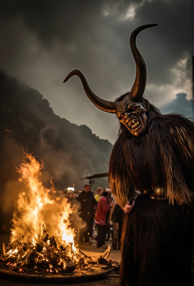 A scene of one Krampus figure looming over a crackling bonfire with large, decorated bells and a chilling grin, watching the village below, under a dramatic, stormy sky, with shadows dancing eerily around, creating a sense of foreboding magic, in sharp focus, with crisp details, and a freeze-frame effect.<lora:bv-krampus-v1.safetensors:1.0:1.0>