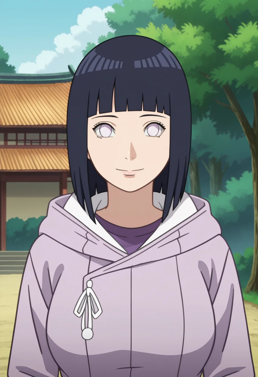 score_9, score_8_up, score_7_up, source_anime,anime screencap,anime coloring,intricate details,masterpiece,
uncensored,
mature female,
hinata, black hair, 1girl, short hair, large breasts, bangs, blunt bangs,white eyes,no pupils,
hoodie,long sleeves,jacket,purple jacket,hood down,layered sleeves,short over long sleeves,white shirt,
upper body,
smile,looking at viewer,
perfect anatomy,
scenery,outdoors, east asian architecture, forest,
<lora:Hinata Boruto:0.9>