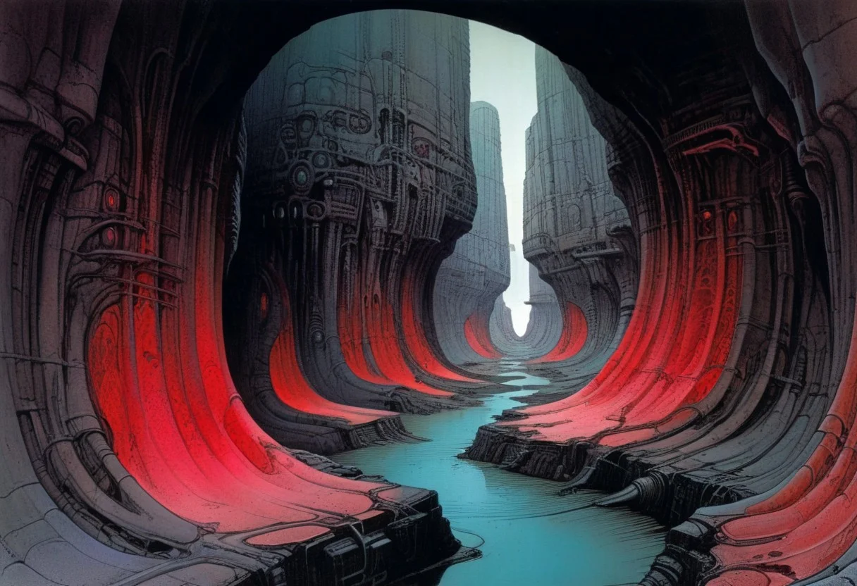g1g3r, Landscape, Moebius (Jean Giraud) Style page, caverns, science fiction, biological cave, flesh, veins, pulsating walls, sci-fi, black walls, dark, red