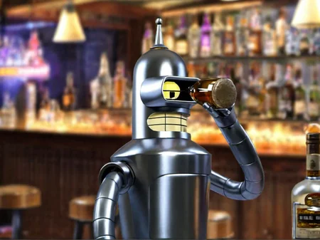 A photo of a robot drinking liqueur at a bar, shiny metal, reflective metal, benderbot <lora:SDXL-benderbot-Lora:1.0>, very detailed, clean, high quality, sharp image