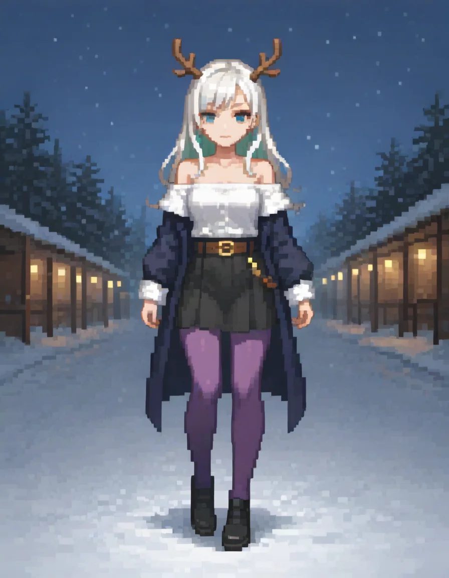 (masterpiece), (best quality), (ultra-detailed), 1girl, solo, long hair, looking at viewer, bangs, blue eyes, skirt, shirt, long sleeves, bare shoulders, closed mouth, green eyes, white hair, pantyhose, multicolored hair, belt, black skirt, off shoulder, head tilt, fur trim, full height, heterochromia, snow, snowflakes, antlers, purple pantyhose, northern lights, full height, illustration, disheveled hair, detailed eyes, perfect composition, moist skin, intricate details, earrings, 1girl, solo, long hair, looking at viewer, bangs, blue eyes, skirt, shirt, long sleeves, bare shoulders, closed mouth, green eyes, white hair, pantyhose, multicolored hair, belt, black skirt, off shoulder, head tilt, fur trim, full height, heterochromia, snow, snowflakes, antlers, purple pantyhose, northern lights, full height, fine detail, intricate, sharp focus, epic composition, magical atmosphere, highly detailed, cinematic, dynamic light, ambient background, rich vivid colors, beautiful scenic perfect, creative, positive, cheerful, cute, engaging, vibrant, symmetry, iconic, illuminated, comprehensive, extremely, pleasing, color, complex