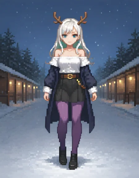 (masterpiece), (best quality), (ultra-detailed), 1girl, solo, long hair, looking at viewer, bangs, blue eyes, skirt, shirt, long sleeves, bare shoulders, closed mouth, green eyes, white hair, pantyhose, multicolored hair, belt, black skirt, off shoulder, head tilt, fur trim, full height, heterochromia, snow, snowflakes, antlers, purple pantyhose, northern lights, full height, illustration, disheveled hair, detailed eyes, perfect composition, moist skin, intricate details, earrings, 1girl, solo, long hair, looking at viewer, bangs, blue eyes, skirt, shirt, long sleeves, bare shoulders, closed mouth, green eyes, white hair, pantyhose, multicolored hair, belt, black skirt, off shoulder, head tilt, fur trim, full height, heterochromia, snow, snowflakes, antlers, purple pantyhose, northern lights, full height, fine detail, intricate, sharp focus, epic composition, magical atmosphere, highly detailed, cinematic, dynamic light, ambient background, rich vivid colors, beautiful scenic perfect, creative, positive, cheerful, cute, engaging, vibrant, symmetry, iconic, illuminated, comprehensive, extremely, pleasing, color, complex