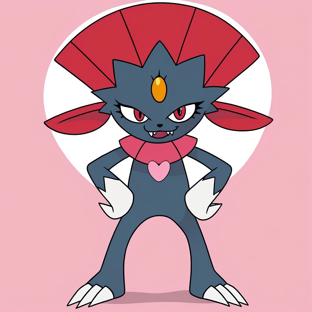 weavile, (((wearing pink heart necklace)))
BREAK
score_9, score_8, score_7, posing, (((girly))), (((eyelashes))), (((female))), (((Disney)))
BREAK
((((((front view)))))), (((looking at viewer))), (((looking straight ahead))), (smug), (((eyelashes))), (((wearing pink heart necklace))), tough, solo, happy, smirking, smiling, (((flirty))), feral,  (((standing tall))), ((((((full body view)))))), standing confidently, (((smirk))), sneer, leering, (((open eyes))), (((open mouth))), sassy
BREAK
head held high, solo, legs apart, (((hands on hips)))