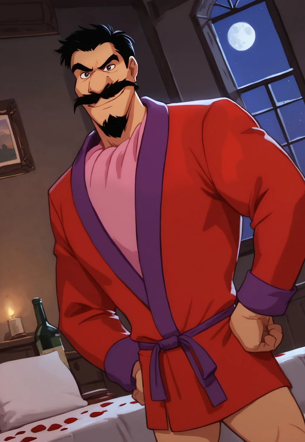 score_9, score_8_up, DukeIgthorn, short hair, black hair, black eyes, mustache, beard, mature male, muscular, red robe, pink cravat, purple belt, pantless, looking at viewer, smirk, dynamic pose, detailed background, dutch angle, fancy room, rose petals on bed, window, night, moon, cowboy shot, hands on hips, sexy posing, spread legs, Expressiveh, painting, bottle of wine, velvet pillows, bloom,