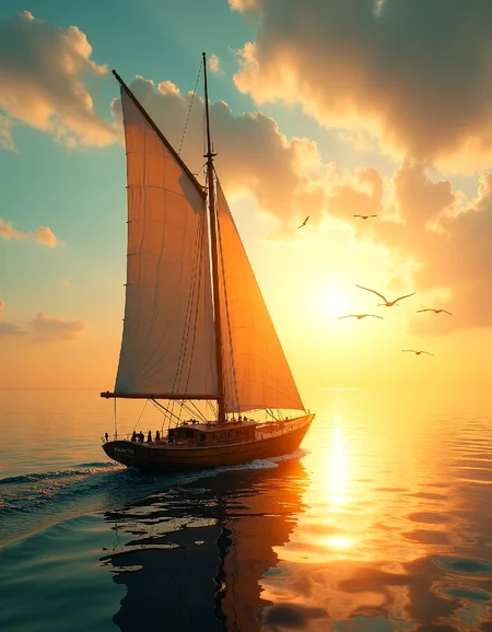 Chiaroscuro Lighting Style, A solitary sailboat glides effortlessly across a calm sea under golden sunlight. The sails catch the warm light, billowing gracefully as it reaches for distant horizons. The sky transitions from soft blues to vibrant oranges and yellows, creating a gradient that stretches infinitely. Water reflects the sun's rays like a mirror, adding splashes of gold and silver. Seabirds glide overhead, silhouetted against the brilliant light. The sailboat's wooden hull is weathered, revealing textures of aging wood. The entire scene captures the freedom and serenity of exploration under an expansive, luminous sky.