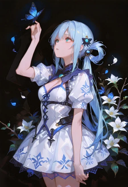 perfect quality,high quality,masterpiece,best quality,amazing quality,very aesthetic,absurdres,Cinematic Lighting,newest,Tactical use of shadow,
AquaCYQL,1girl,solo,long hair,blue hair,very long hair,hair rings,hair ornament,blue eyes,
dress,flower,closedeyes,blackbackground,handonownchest,fromside,shortsleeves,whitedress,petals,bluedress,twintails,veryprofile,butterfly,bug,branch,partedlips,handup,lowtwintails,simplebackground,lookingup,breasts,standing,floralprint,
<lora:ponyv4_noob1_2_adamW:0.7>,<lora:spo_sdxl_10ep_4k-data_lora_webui:0.6>,<lora:USNR STYLE_XL_loha:0.45>,<lora:748cmSDXL:1>,usnr,748cmstyle,<lora:Aqua_Illustrious by Cyql:1>,