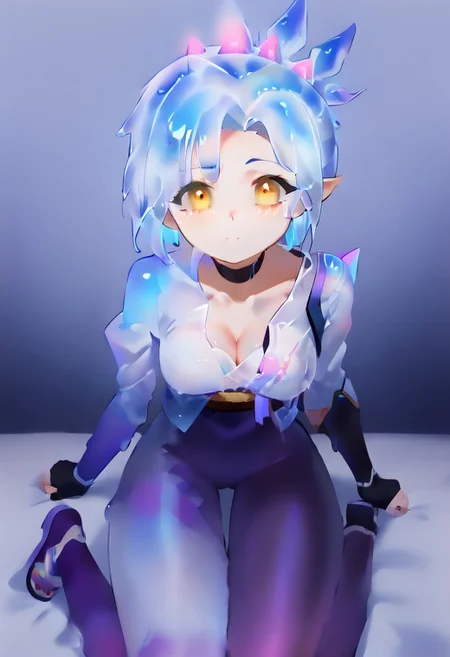 score_9, score_8, score_7_up solo BREAK
1girl, BREAK medium breasts, seductive look,by yuio, <lora:yuio_style_PONYXL:1>,<lora:Mizah_style:1>,<lora:J.K_Pony_test_v1:1>,
BREAK Tracerkpop , Tracer (overwatch),looking at viewer,blush,<lora:Lord_Moku:1> BREAK RivenSBXL, sidelocks, single horn, pointy ears, medium breasts, black choker, collar bone, single bare shoulder, cleavage, white kimono, purple sash, multicolored sash, purple elbow gloves, fingerless gloves, purple pants, asymmetrical clothes, greaves, purple sandals BREAK v over eye,backhand BREAK lui-newyr, white hair,slime blue skin wet