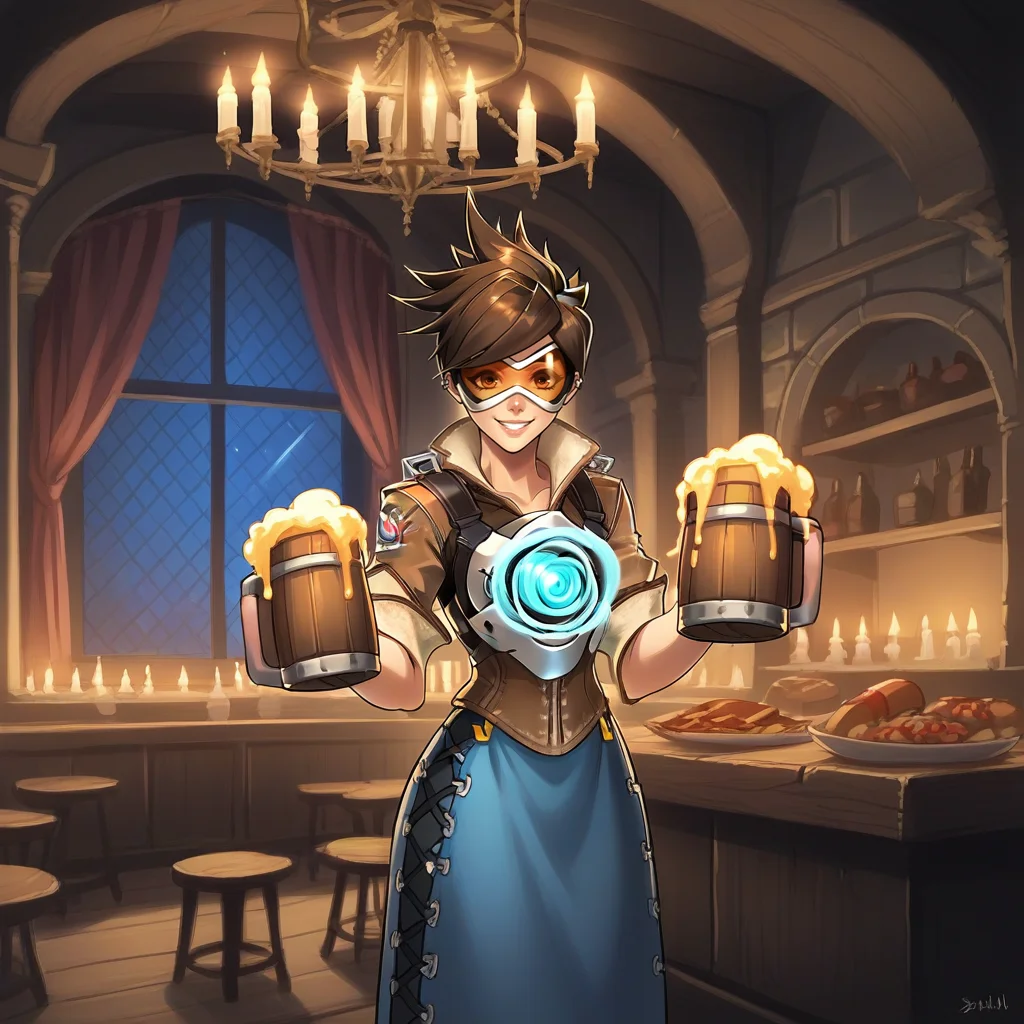 score_9, score_8_up, score_7_up, score_6_up, score_5_up, score_4_up, zPDXL2,source_anime,rating_questionable, 1girl, solo, night, night time,standing, medieval dress, holding beer mug, looking at viewer, tracer_(overwatch) , smile, <lora:Tavern:0.7> t4v3rn, indoors, tables, window, chandelier, candles, food, crowd