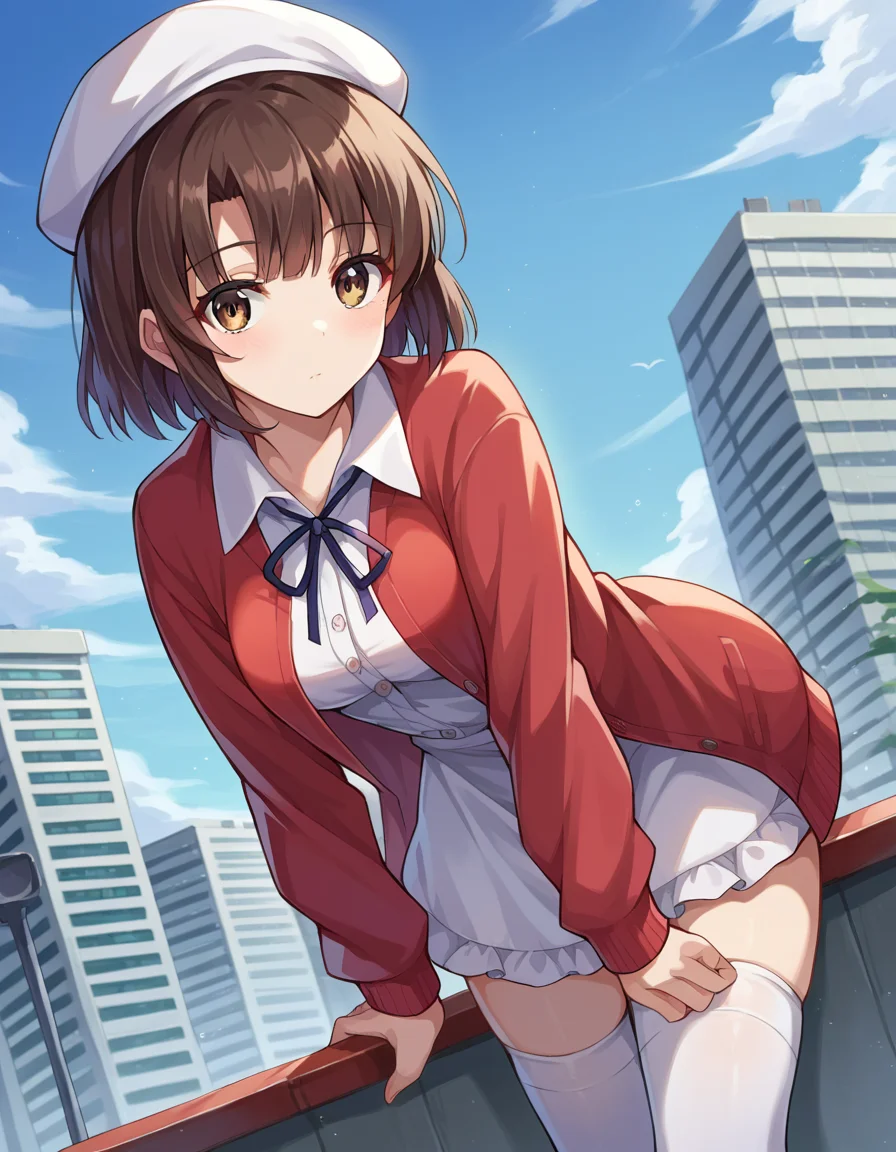 score_9, score_8_up, score_7_up, source_anime,
megumikatou, <lora:megumi-katou-ponyxl-lora-nochekaiser:1>
megumi katou, brown hair, brown eyes,
short hair, hat, jacket, long sleeves, thighhighs, white headwear, white thighhighs, dress, white dress, red jacket, white hat, open cardigan, open clothes,
outdoors, cityscape, bent over,
looking at viewer, dutch angle, cowboy shot,