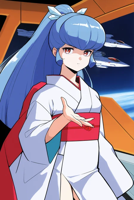 <lora:Oyuki_(1981):0.8> oyuki, long hair, blue hair, high ponytail, bangs, hair ornament, red eyes, retro artstyle, 1980s (style), long sleeves, kimono, sash, obi, white kimono, science fiction, spacecraft, 
expressionless, Contrapposto, cowboy shot, looking at viewer, (1girl:2, solo:2), 
masterpiece, best quality, very aesthetic, absurdres, amazing quality masterpiece, hyper-detailed, (8k uhd::1.4), intense atmosphere, detailed clothing, dramatic lighting, (perfect hands), detailed face,