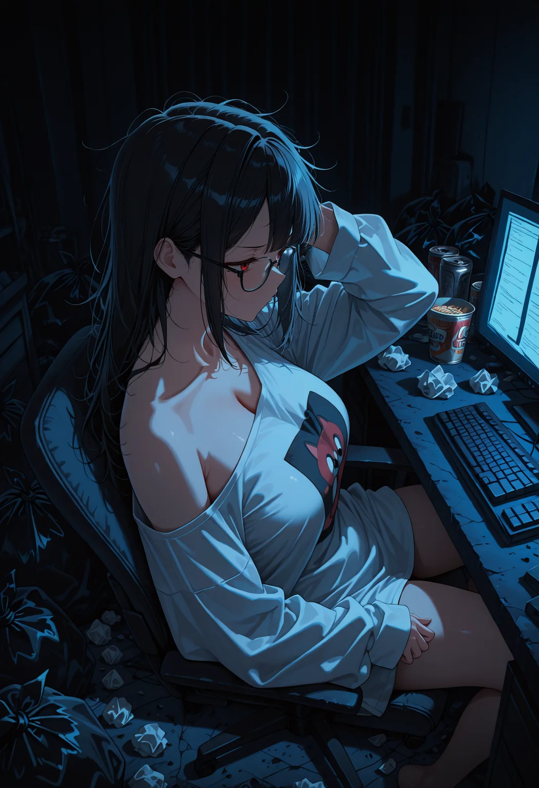masterpiece,best quality,amazing quality,newest,absurdres,highres, newest,very awa, scenery,anime,
dutch angle, from side, from above,
1girl, beautiful face, perfect eyes, detailed eyes,mature female,
black hair,swept bangs,straight hair, blunt bangs, eye covering bang,
red eyes,looking away,facing away, , messy hair,
large breasts,collarbone,glasses,
oversized clothes,white shirt, long sleeves, print shirt,neet, off one shoulder,
sitting on chair,(spread legs:0.8) leaning back, pout,
indoors, bedroom, monitor, computer keyboard, headphones, scratching head,
trash,trash bag, used tissue, used can, dirty room, cup ramen on desk,
vignetting,intricate details,dark background,dark room,
<lora:TrendCraft_The_Peoples_Style_Detailer-v2.4I-5_18_2025-Illustrious:0.4>,
<lora:lightingSlider:-0.8> dark, late night, blue hour ,
<lora:detailer:1> ,