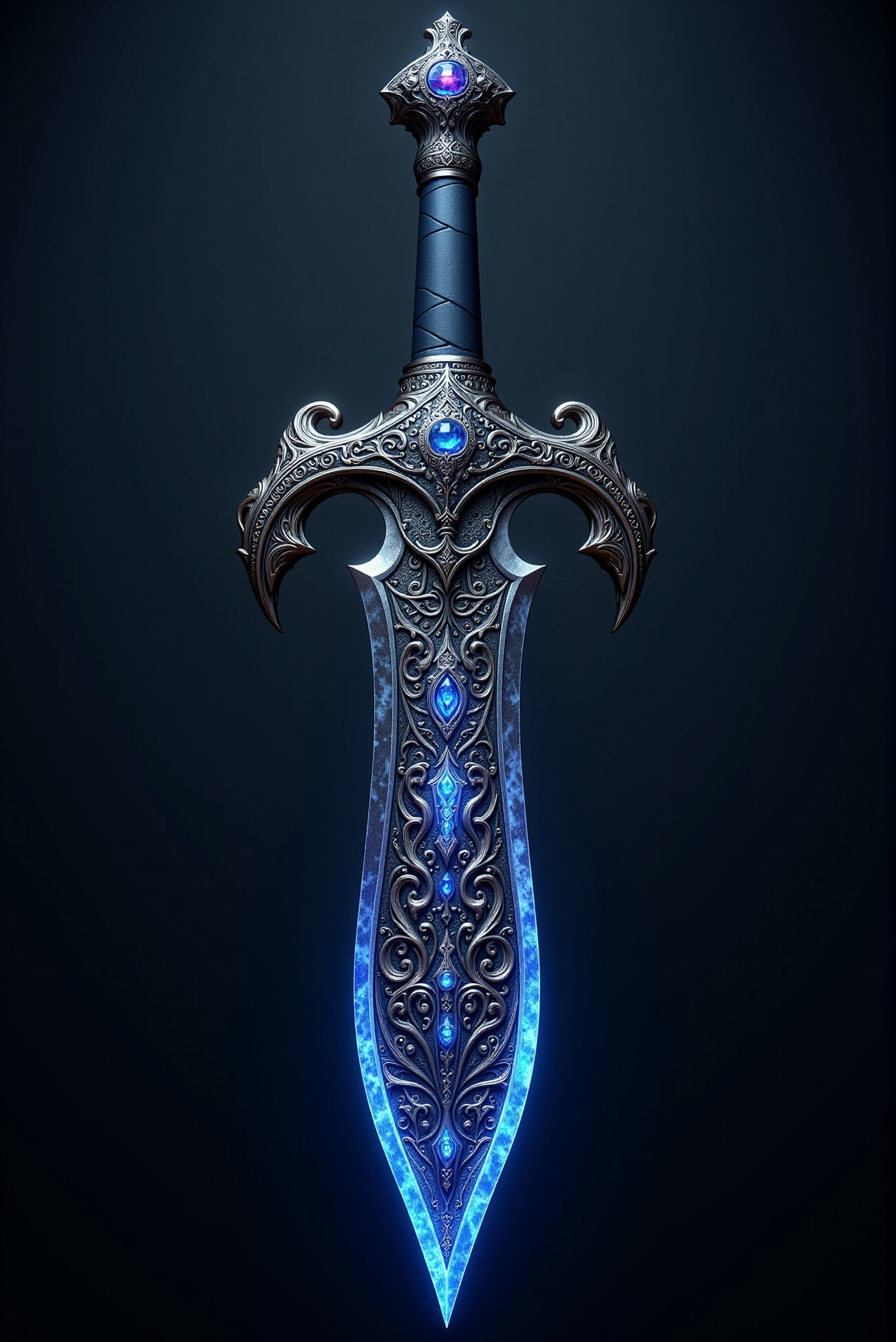 <lora:Cold_Weapon:0.7> ColdWeapons style. This image showcases almost a macro shot of an exquisitely designed sword, a true masterpiece of craftsmanship blending intricate artistry with formidable lethality. The blade, forged from polished steel with a mirror-like finish, is adorned with an elaborate engravings. The hilt and guard are ornately sculpted, featuring elaborate filigree and gothic motifs in aged silver, accentuated by deep carvings and swirling patterns reminiscent of ancient mystical runes. The crossguard extends into sharply curved talons, echoing the wave form, creating an imposing silhouette that speaks of both elegance and destruction. Subtle gemstones are embedded within the hilt, shimmering with an inner light that suggests latent magical energy coursing through the weapon. The handle, wrapped in darkened leather, offers an ergonomic grip, ensuring both comfort and precise control. Every detail, from the curvature of the blade's edge to the subtle interplay of light and shadow across its engravings, conveys a sense of power and history, as though this sword has witnessed legendary battles and awaits the hand of a worthy warrior to wield its might once more.