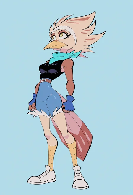 (beautiful, masterpiece, detailed), theine, 1girl, solo, k41k0, female anthro bird, furry bird, avian, medium breasts, beige feathers, fluffy feathers, detailed feathers, beige hair, spiky hair, beak, yellow beak, yellow eyes, bird tail, teal scarf, white hairband, blue gloves, fingerless gloves, blue tank top, blue shorts, belt, white footwear
