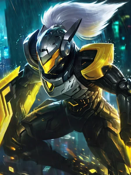 <lora:7c83695f:0.8>,1boy,armor,battle,blurry,bodysuit,building,city,explosive,from side,glowing,glowing eyes,gun,helmet,holding,holding weapon,night,ponytail,rain,robot,science fiction,solo,source plan,weapon,white hair,yellow eyes,