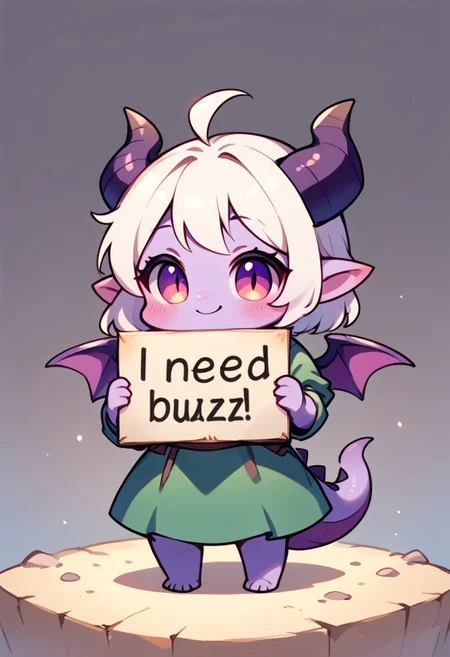 need_buzz, holding sign, smiling, nice green dress,
Female dragon, dragon horns, dragon wings, dragon tail,
Purple scales, purple skin, colored skin,
White hair, short hair,
solo, score_9, score_8_up, score_7_up, source_anime, cute, chibi, kawaii, 2d color, simple color, simple shading, flat color, chibi body, chibi art style:1.1, fca_style, super deformer,