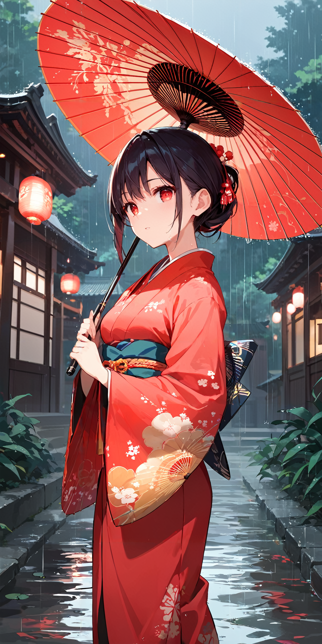 score_9, score_8_up, score_7_up,source_anime, high res image,masterpiece,best quality,girl,cute face,clear skin,shiny hair,ultra detailed eyes,simple background,   <lora:wagasa_Pony_V1.0:1> wagasa, oil-paper umbrella, japanese clothes,rain,temple
