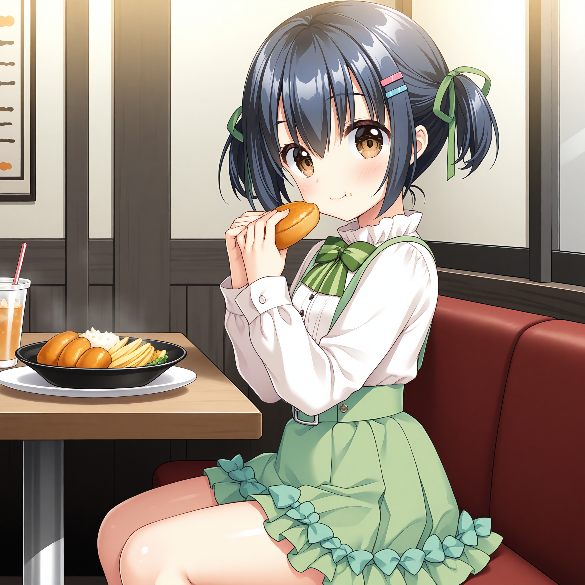<lora:Ishikawa_Yae_1_nai-000033:1>,Ishikawa Yae,
two side up,hairclip,white shirt,suspender skirt,green skirt,green ribbon,frilled skirt,belt,buckle,dress shirt,pleated skirt,green frills,striped bowtie,green bowtie,
BREAK
1girl,solo,sitting,restaurant,from side,looking at viewer,smile,blush,food,eating,holding food,