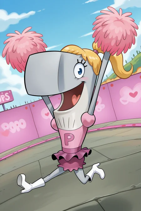 masterpiece, best quality, amazing quality, absurdres, solo, pearlkrabs, grey skin, smile, open mouth, pom pom \(cheerleading\), jumping, looking at viewer, dutch angle, blonde hair, ponytail, pink dress, purple skirt, white heels, outdoors, stage