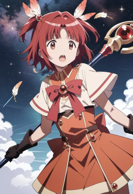 score_9, score_8_up, score_7_up, source_anime, akino kaede, red hair, brown eyes, short hair, 1girl, solo, anime coloring, open mouth, gloves, feathers, magical girl, staff, sky, bow, black gloves, hat, star (sky)