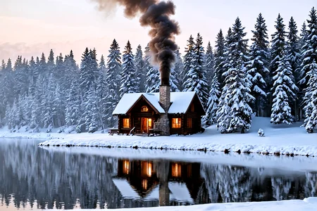 Stable_Yogis_PDXL_Positives,<lora:sdxl_lightning_8step_lora:1>,A cozy lakeside cabin surrounded by snow-covered trees, with smoke curling from the chimney, The serene winter landscape evokes feelings of warmth and comfort,âââ
