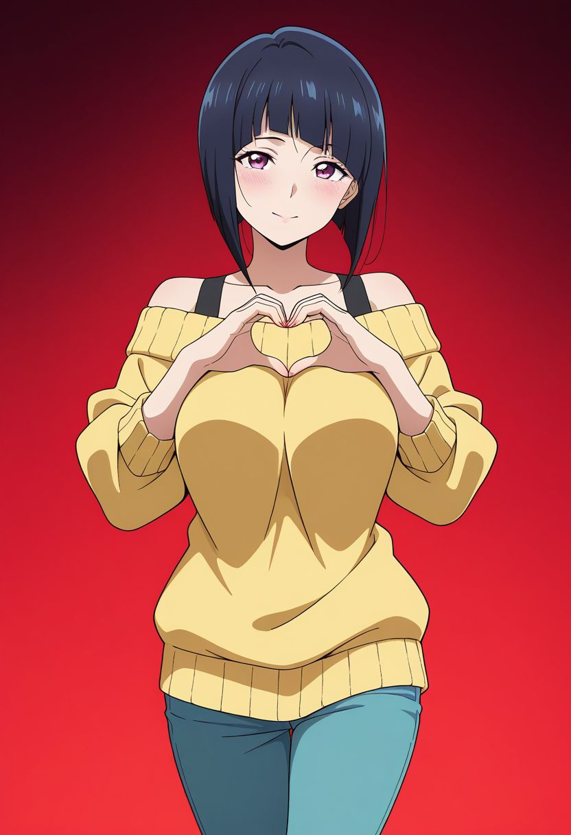 masterpiece, best quality, amazing quality, anime coloring, anime screencap, 1girl, mature female, inverted bob, black hair, blunt bangs, cowboy shot,  BREAK  simple background,  dynamic pose gradient background,  red  background  off-shoulder sweater,     heart hands,