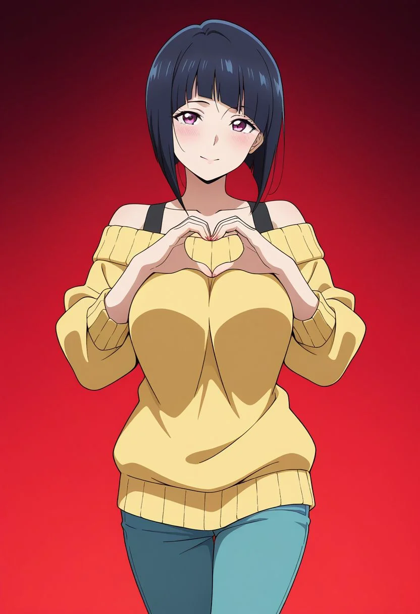 masterpiece, best quality, amazing quality, anime coloring, anime screencap, 1girl, mature female, inverted bob, black hair, blunt bangs, cowboy shot, BREAK simple background, dynamic pose gradient background, red background off-shoulder sweater, heart hands,