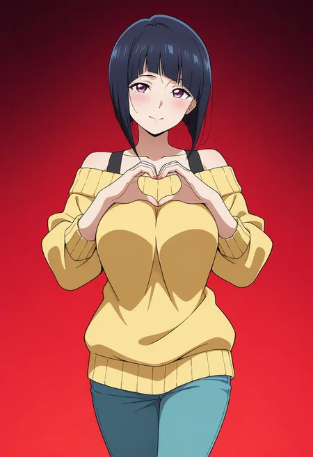 masterpiece, best quality, amazing quality, anime coloring, anime screencap, 1girl, mature female, inverted bob, black hair, blunt bangs, cowboy shot,  BREAK  simple background,  dynamic pose gradient background,  red  background  off-shoulder sweater,     heart hands,
