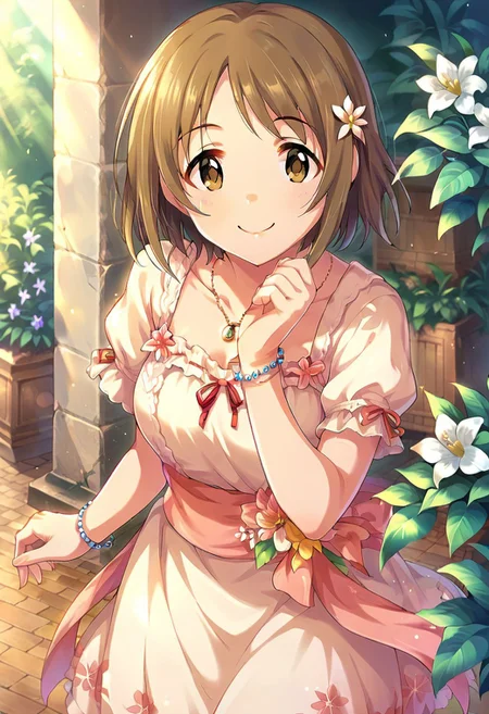score_9, score_8_up, score_7_up, source_anime,mimura kanako, short hair, brown hair, brown eyes, flower, smile, , bracelet, looking at viewer