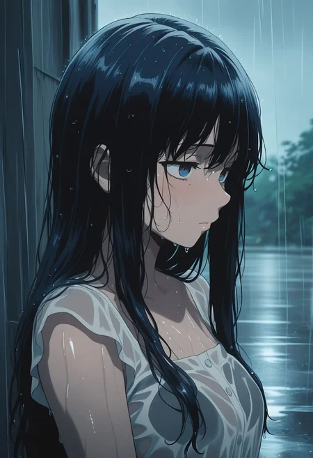 masterpiece, best quality, amazing quality, LDSCH, aesthetic, rain, 1girl, long_hair, outdoors, dress, solo, closed_mouth, upper_body, wet
