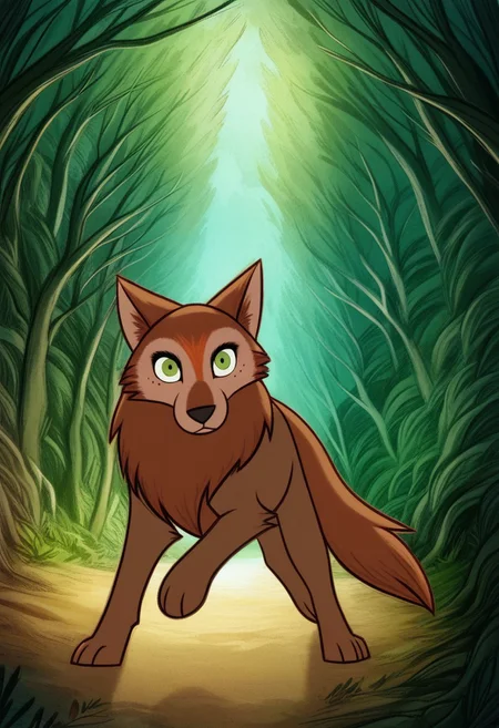 (zPDXL3), full body, solo, furry, best quality, mebh_wolf, full body, pokemon (creature), animal, wolf, green eyes, animal focus, looking at viewer, dynamic pose, outdoors, forest, dynamic angle