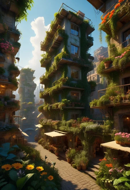 verdant utopia with lush green rooftops and solar panels, citizens living harmoniously with nature, streets filled with sustainable markets and eco-friendly transportation, towering structures covered in vertical gardens, air filled with the scent of fresh flowers and greenery, distant sounds of birdsong and gentle wind chimes, use of 'photorealistic', '8k', 'hyper-detailed', 'solarpunk', 'ambient lighting' for a natural glow, 'depth of field' for immersive effect, 'HDR' for realistic lighting effects