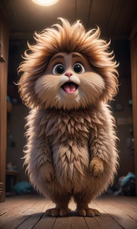 A fluffy creature with a small head wearing clothes made of silk, in the style of Pixar animation, low angle view, 16mm lens, award winning, hyper detailed, dramatic lighting, artstation, octane renderer, unreal engine 5, trending on ArtStation, digital art. Digital painting, sharp focus, 8k high definition, 3D, masterpiece, by Greg <lora:Fast:0.69>